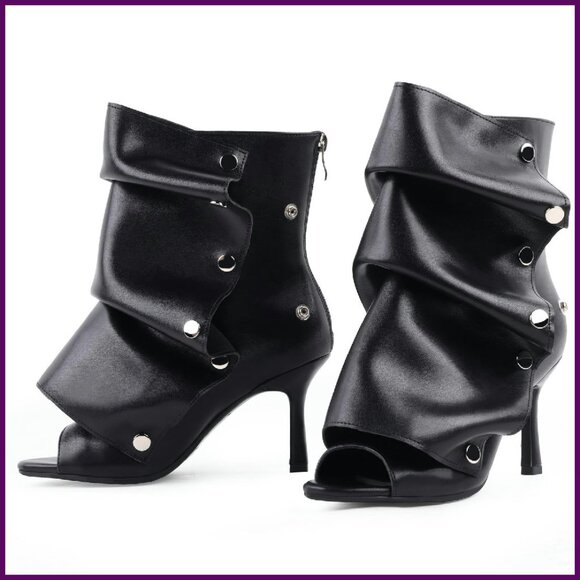 Open Toe Ankle Boots Stiletto Heels Slouchy Fold Over Snap Panel